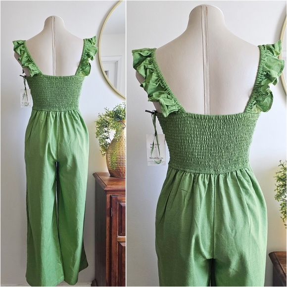 NWT Nordstrom Japna Cotton Linen Blend Frilled Square Neck Green Jumpsuit Size S - Picture 2 of 16